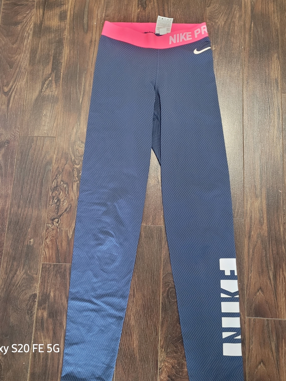 Nike Girls' Navy Leggings with Pink Waistband and White Logo